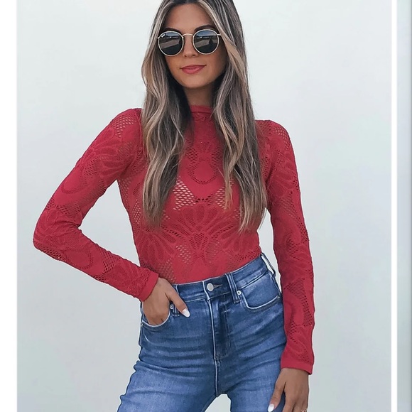 Magnolia Boutique Tops - 387. Magnolia Boutique Red Mock Neck Fishnet Top